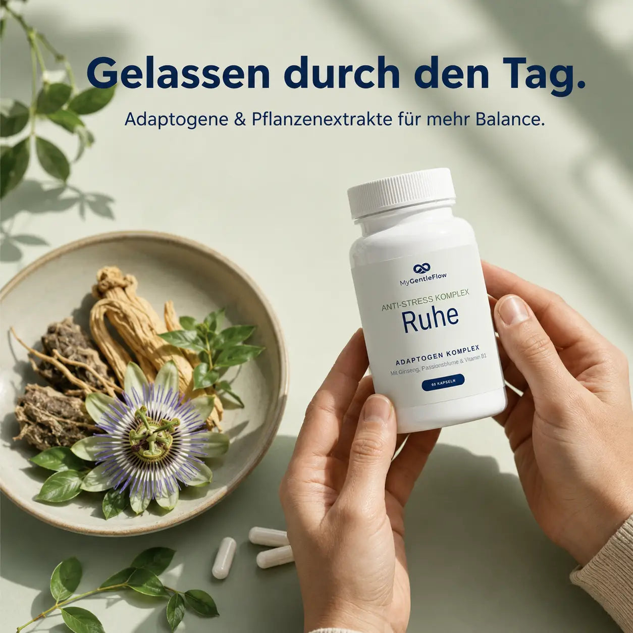 Gentle Ruhe – Adaptogen-Komplex mit Ginseng & Passionsblume | 60 Kapseln