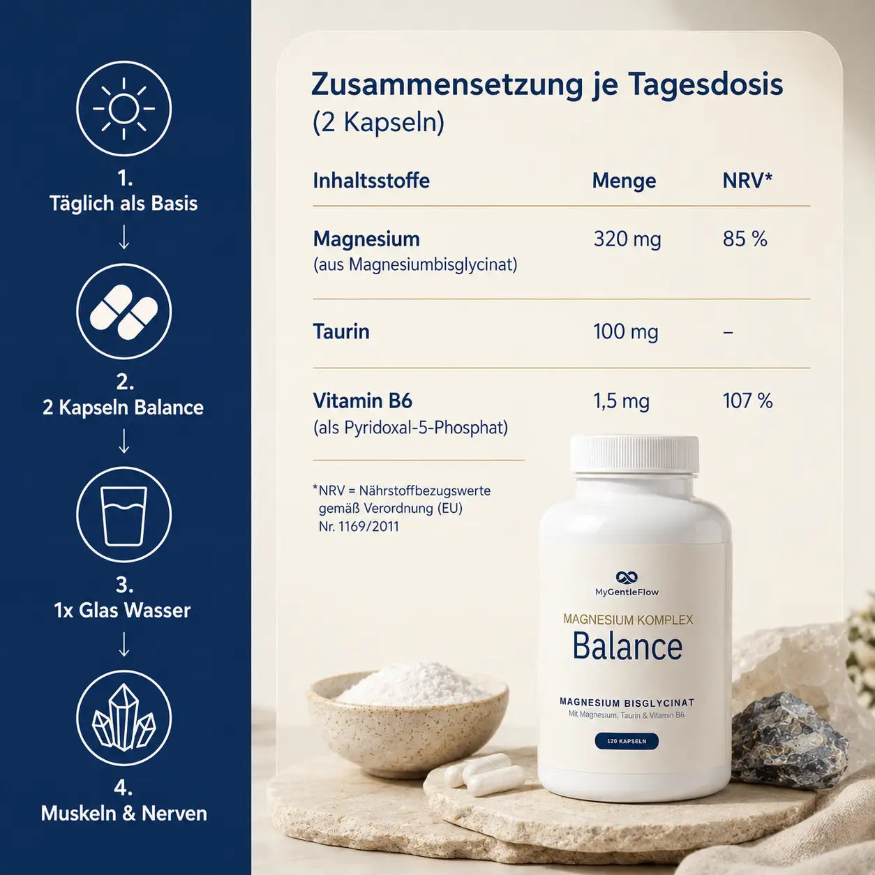 Gentle Balance – Magnesium Bisglycinat mit Taurin & Vitamin B6 | 120 Kapseln